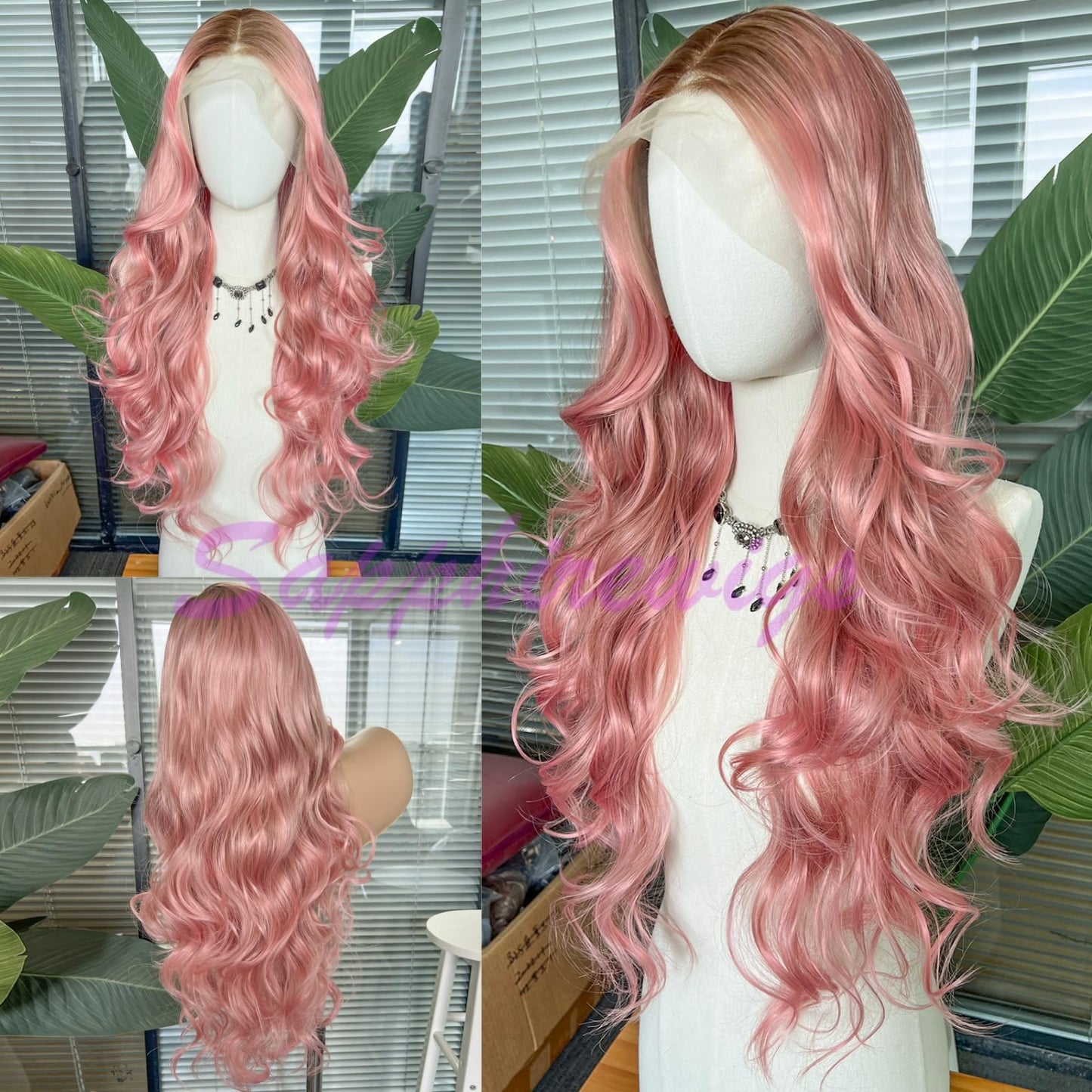 SAPPHIREWIGS Pink Lace Front Wigs 13x4 Synthetic Lace Front Wigs Long Body Wave Ombre Honey Pink Heat Resistant Fiber Hair Pre-P