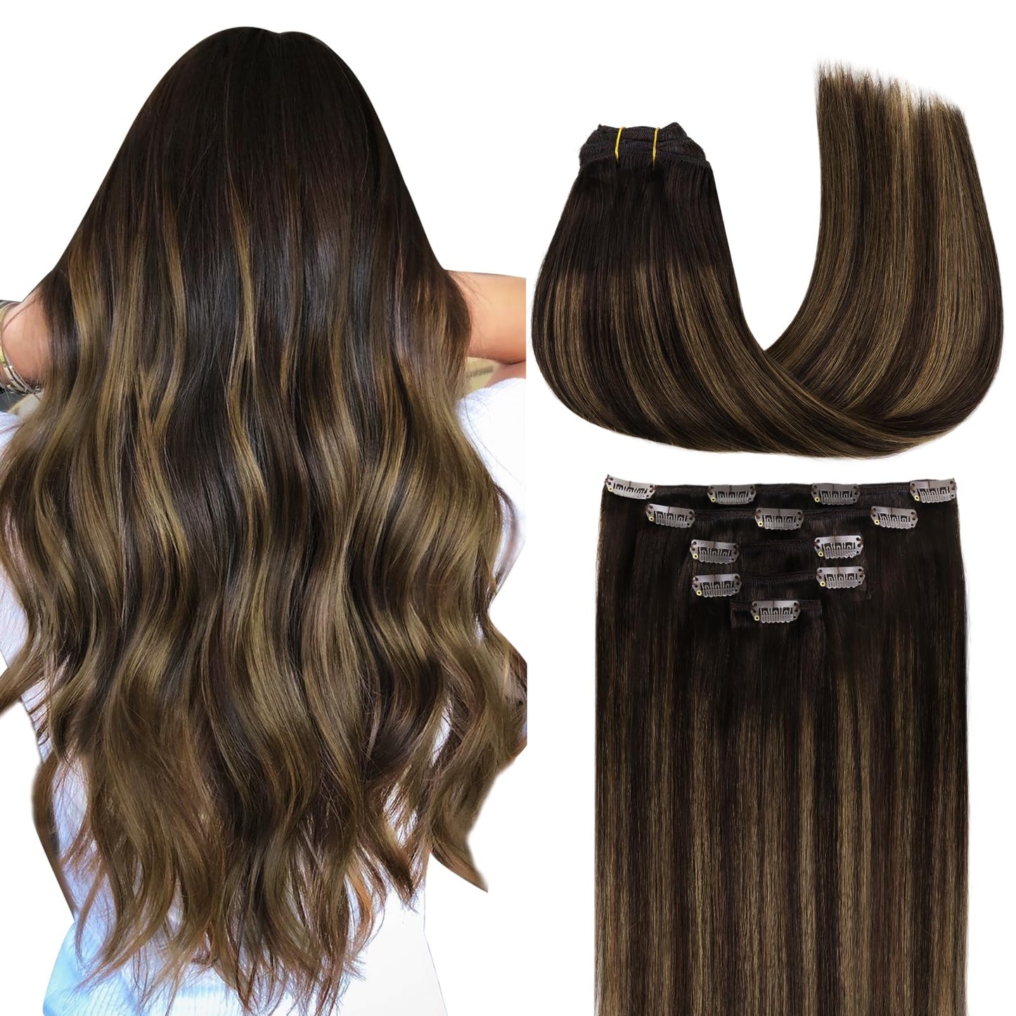 MAXITA Clip in Human Hair Extensions, 5pcs 80g Balayage Dark Brown Mixed Chestnut Brown 20 Inch, Real Remy Hair, Long Straight S