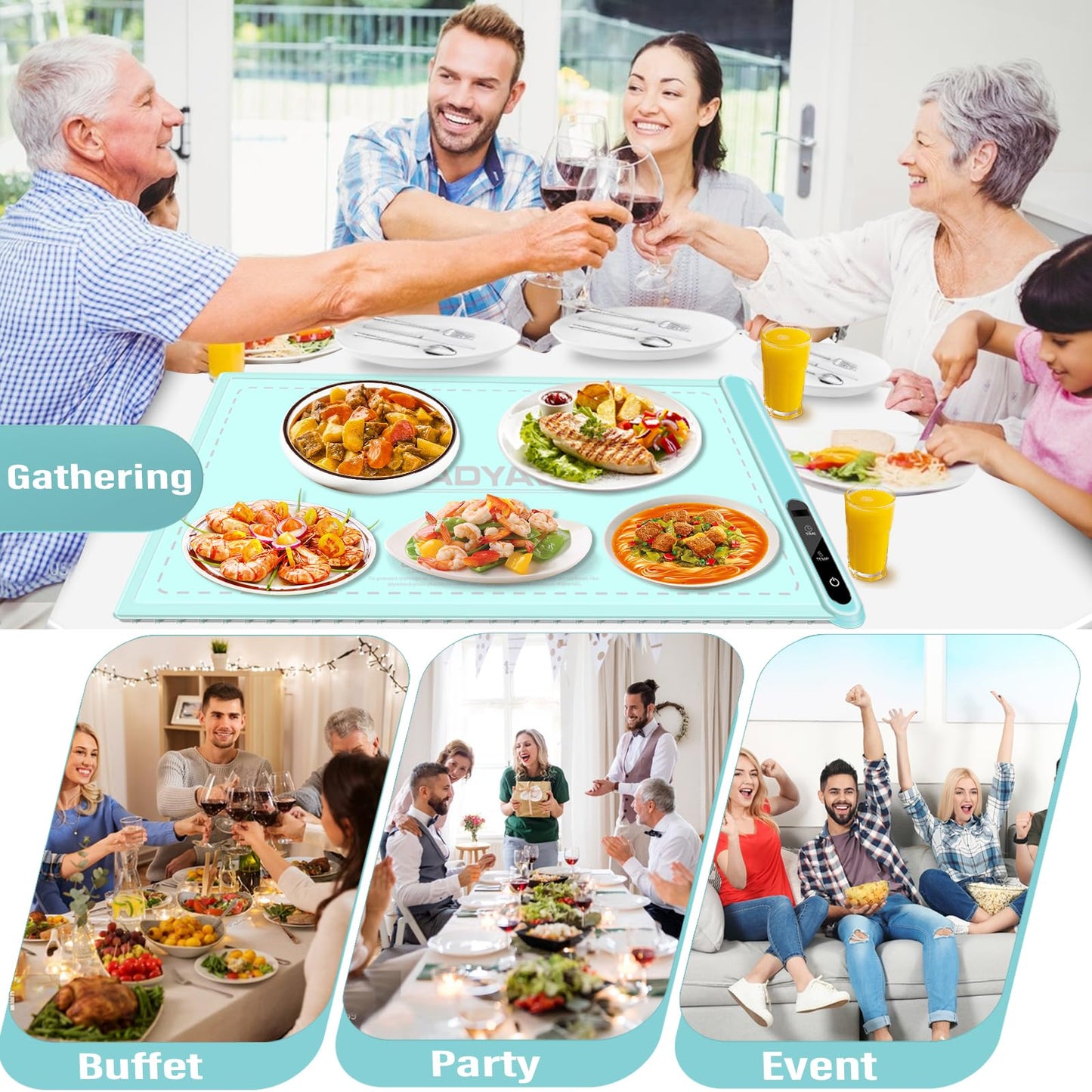 Warming Mat for Food Warmer Heating: Electric Silicone Hot Trays & Warm Buffer Plate 7-Level Temperature Control,Foldable Heat Pad,Keep Dishes Heater,Gift for Kitchen & Party - Seafoam