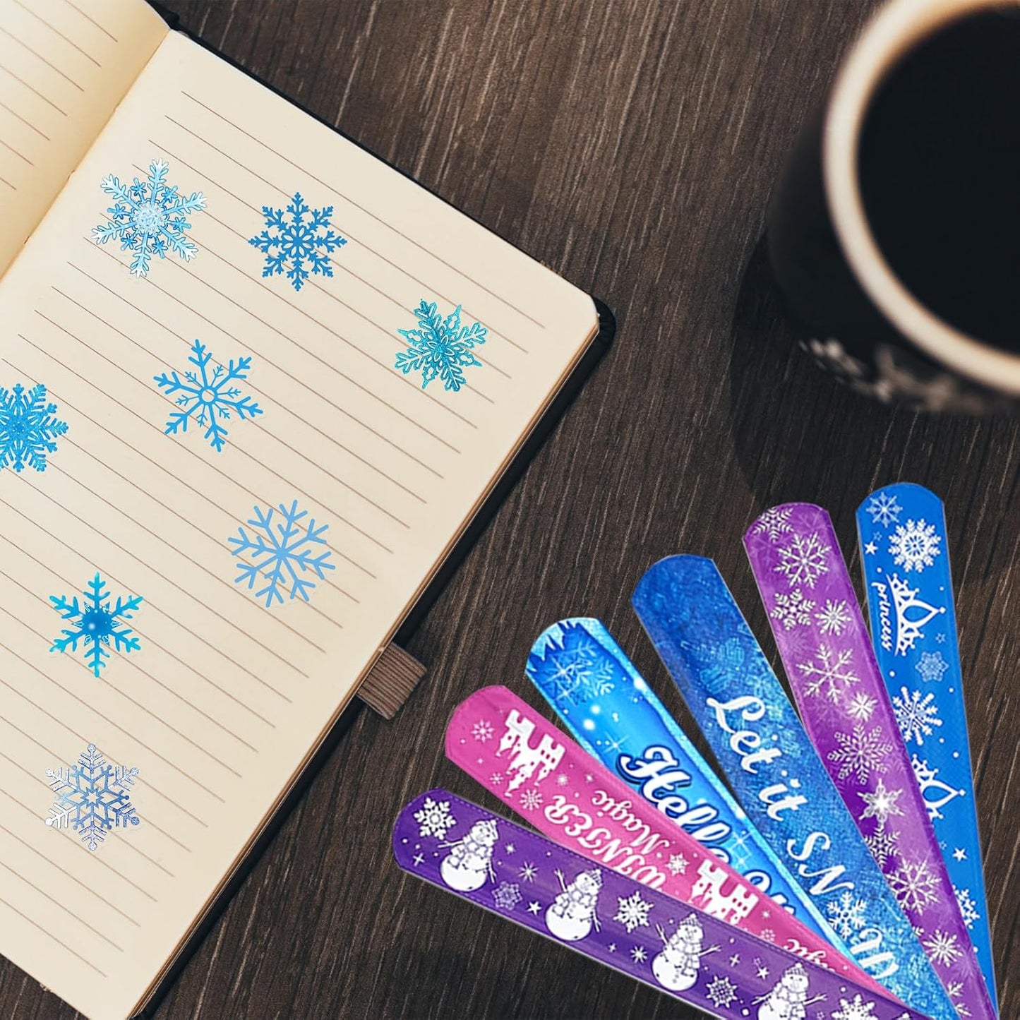 74Pcs Snowflake Theme Party Favors Contain 24 Pcs Snowflake Theme Slap Bracelets 50Pcs Snowflake Theme Stickers, Ice and Snow Theme Birthday Party Decorations,Classroom Rewards Supplies.