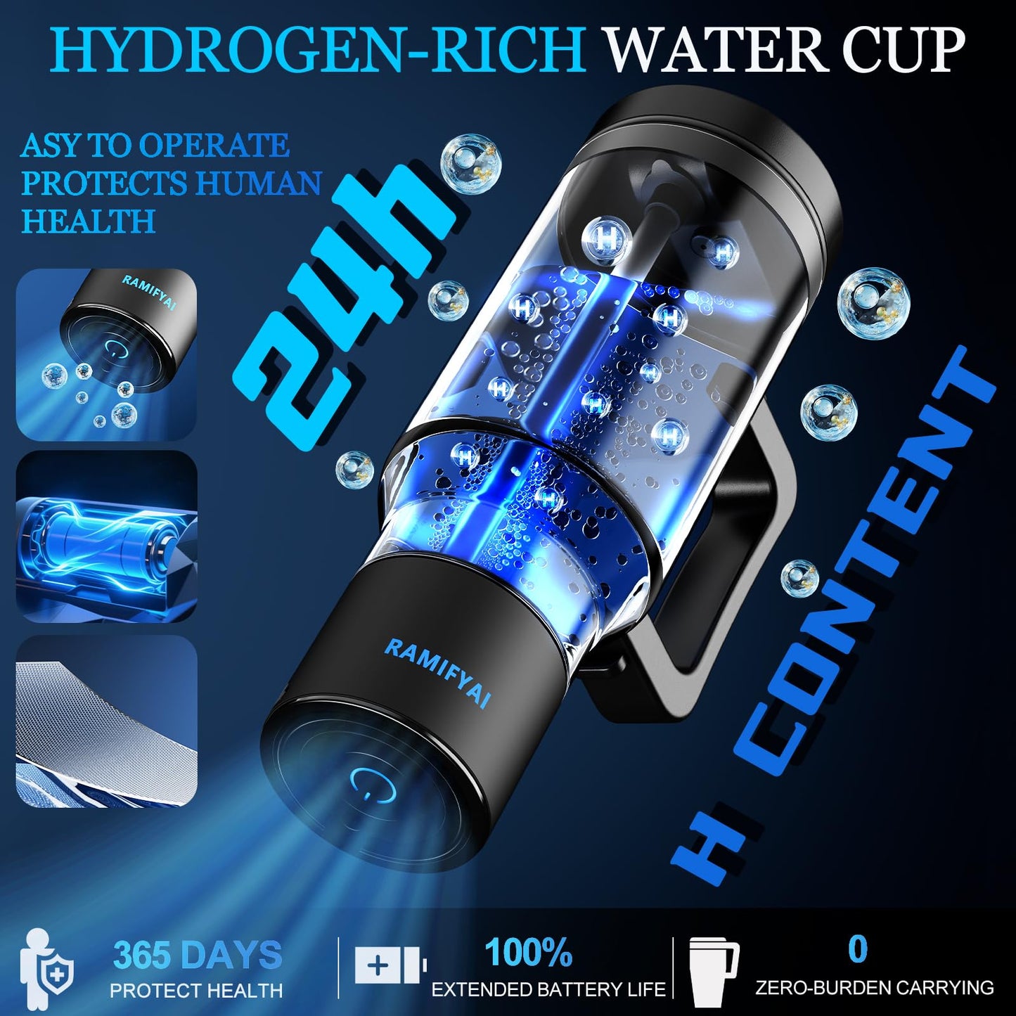 2025 New Upgrade Hydrogen Water Bottle with Braces SPE&PEM Technican 1000ML for Hydrogen Water Generator