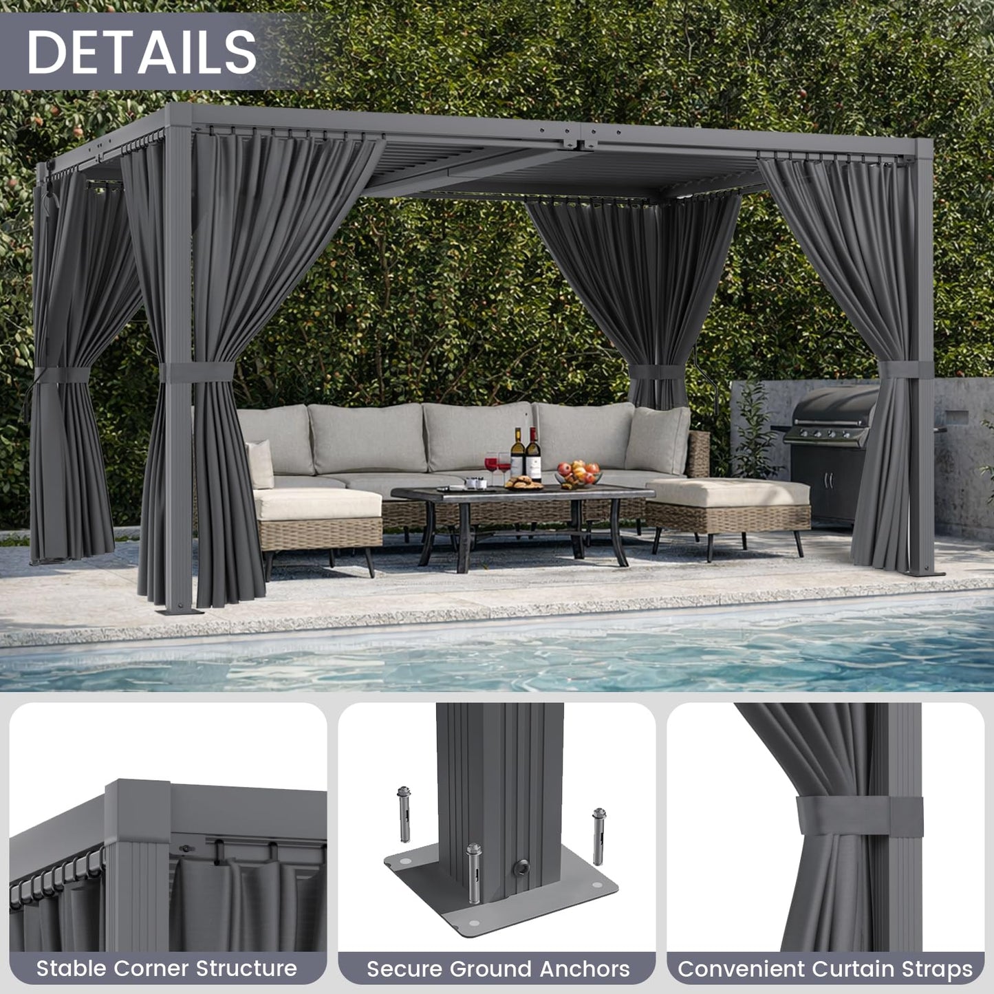 SAILARY Louvered Pergola 12' x 16', Outdoor Aluminum Pergola with Reinforced Steel Roof, Heavy-Duty Hardtop Gazebo for Backyard Deck, Weatherproof Sun Shade Shelter, Grey