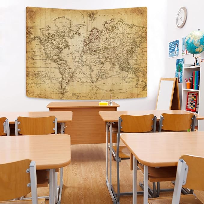 GOAOK Retro Old World Map Tapestry, Historical Atlas Educational Wall Hanging, Brown, 80x60 Inch