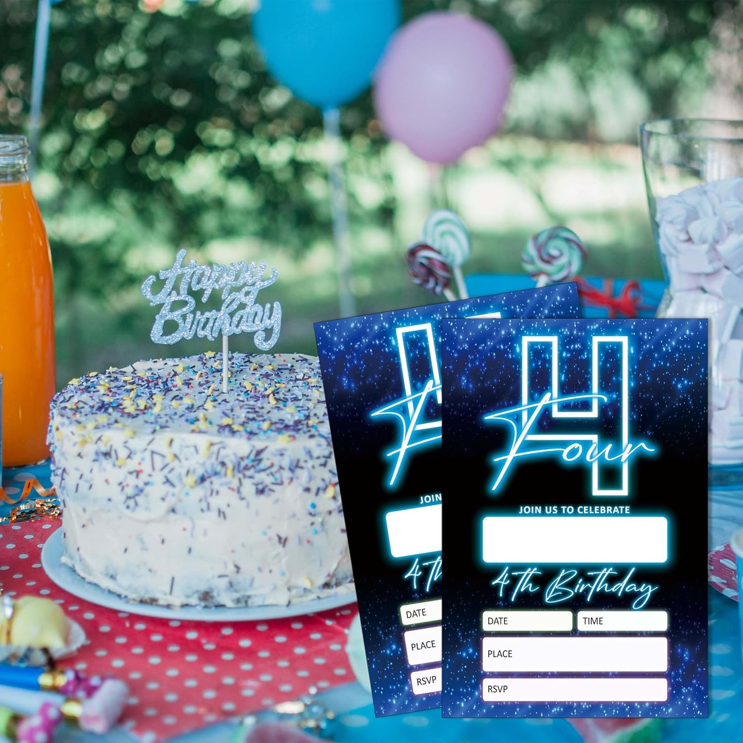 SIXEIGHT Blue 4th Birthday Invitations for Boys, Neon Glow Party Invitations for Girls Kids, 20 Pack Double Sided Invite Cards with Envelopes, 4th Glow Neon Birthday Party Decorations, 4x6 Inch-C04