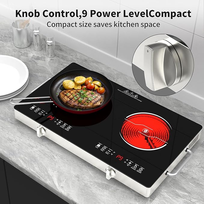 Electric Cooktop,110V 2400W Stove top, Countertop Cooktop with 9 Power Levels, LED Display,Child Safety Lock, Timer,Knob and Touch Control 2 burner Electric cooktop