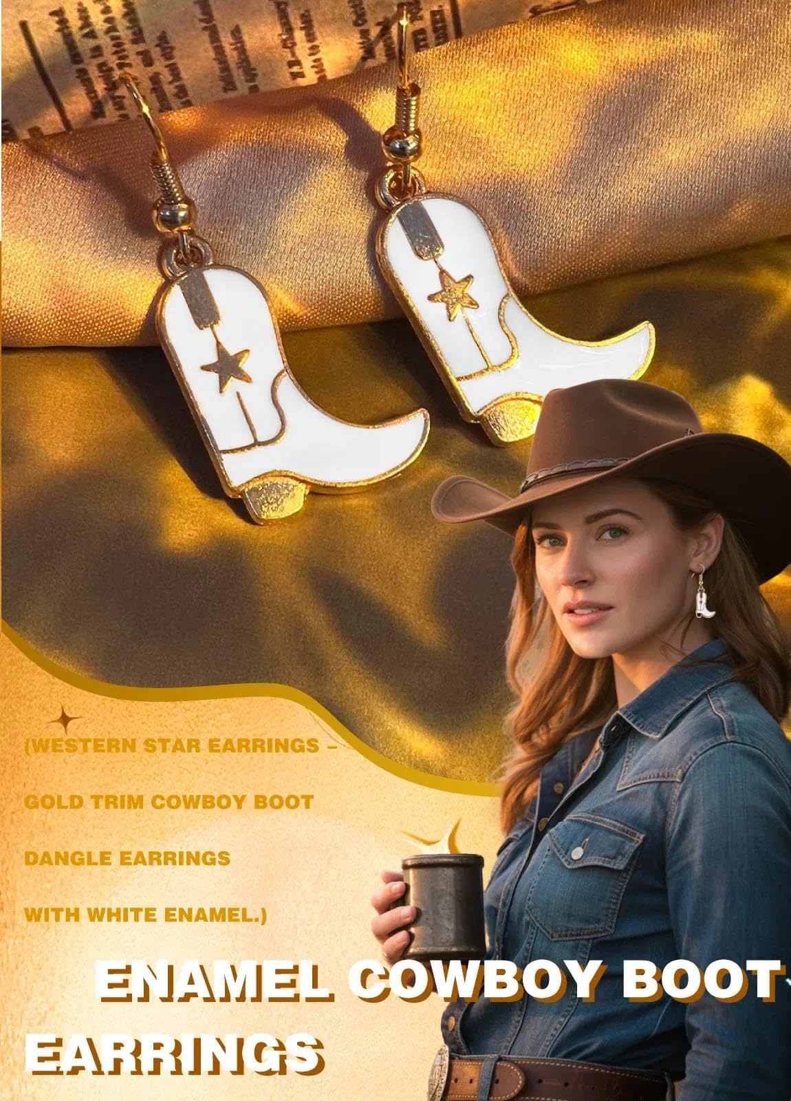 Western Cowgirl Boots Earrings White Women Costume Accessories - Enamel Dangle Drop Jewelry Cute Statement Cowboy Earrings for W