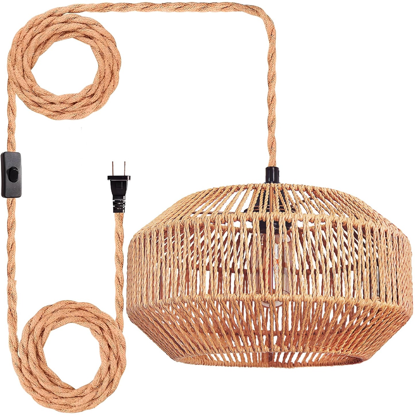 Maliralt Rattan Pendant Light Fixture, 11.8 Inch Pumpkin Shade, Brown, Model 1006, Plug-In with On/Off Switch for Bedroom Living