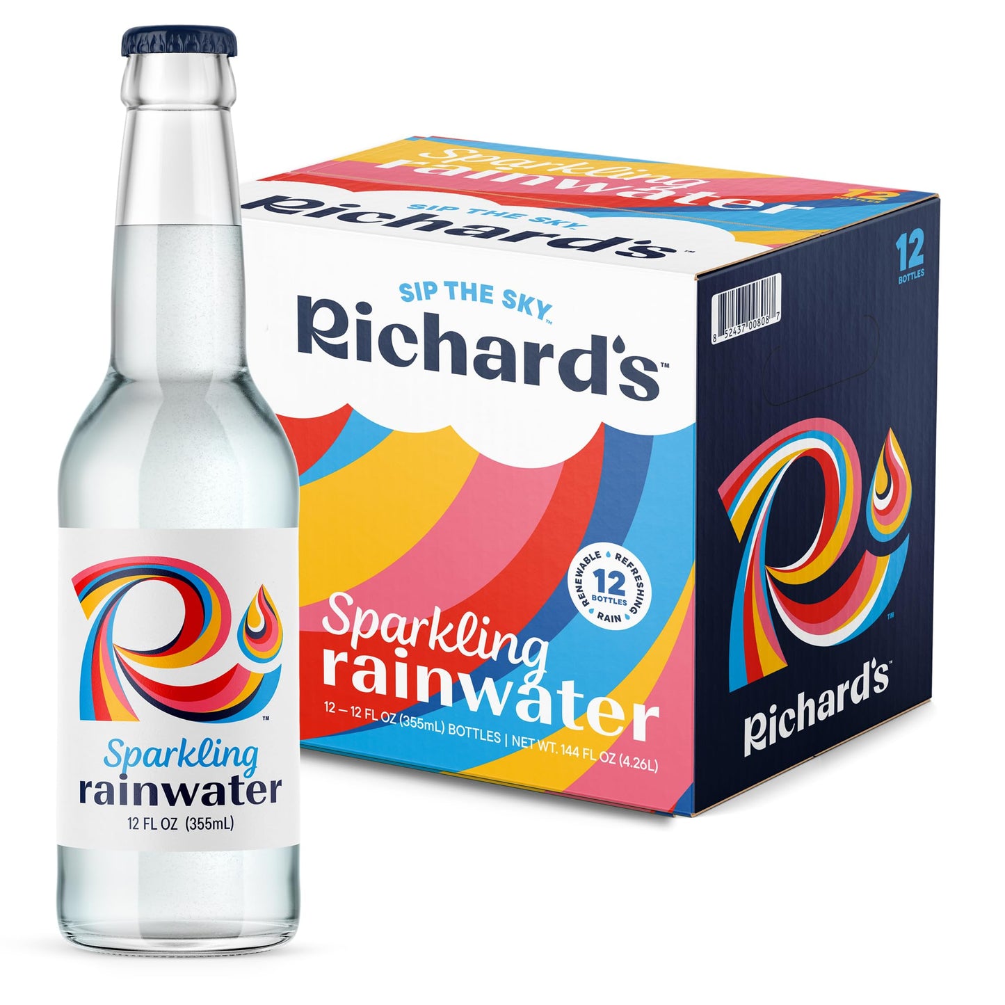 Richards Rainwater Sparkling Water (12 fl oz Glass Bottles, 12-Pack), Long Lasting Bubbles, Renewable Refreshing Carbonated Rai