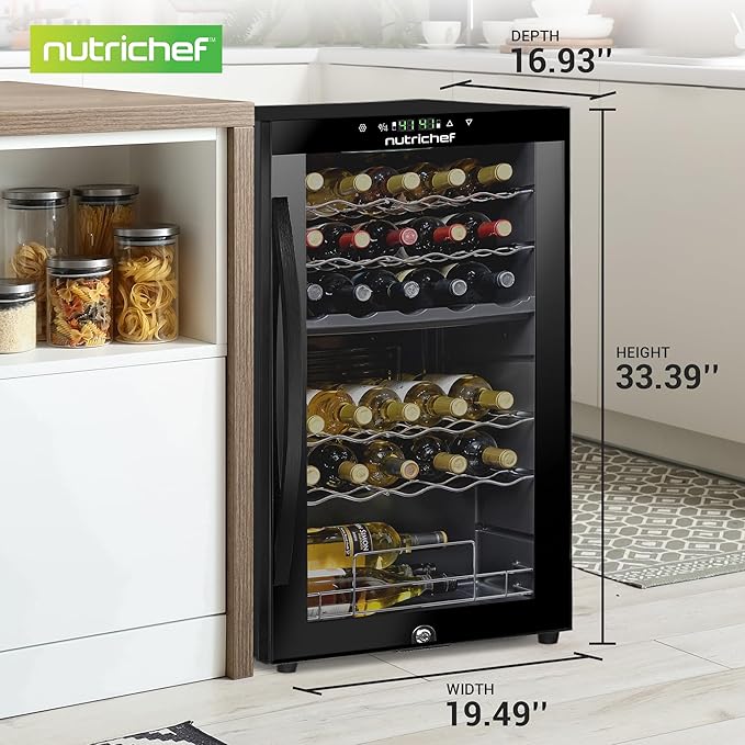 Nutrichef 33 Bottle Wine Fridge | Dual Zone Wine Cooler | Adjustable Temperature Control 41°F to 64°F | Ultra Quiet Operation | Freestanding Wine Chiller for Home & Office | 33x19x17 IN