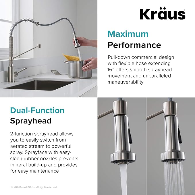 Kraus KPF-1610SFS-KSD-43SFS Bolden 18-Inch Single Handle Commercial Style Pull-Down Kitchen Faucet with Soap Dispenser, Spot Free Stainless Steel