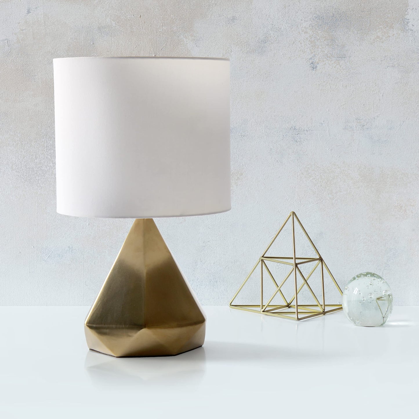 Simple Designs Geometric Ceramic Table Lamp, 11.81inL x 11.81inW x 19.88inH, Gold, Model LT2079-GLD, White Fabric Shade