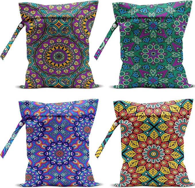4 Pack Boho Mandala Floral Lover Gift Wet Bag Waterproof Washable Reusable Wet Dry Bag for Swimsuit Clothes Cloth Diaper Travel Pool Yoga Toiletries Gift for Women Sister Mama Birthday Christmas