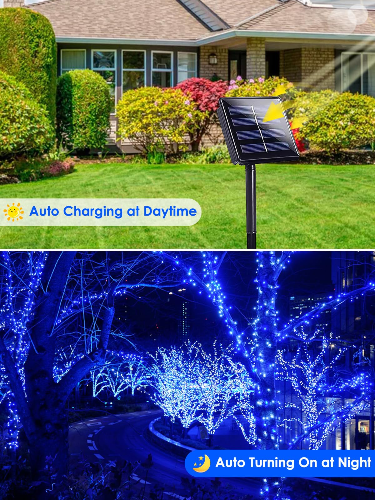 EXF Solar String Lights, 400LED, 132FT, Waterproof, 4 Pack, Blue, Green Wire, 8 Modes, Christmas Fairy Light for Outdoor Decor