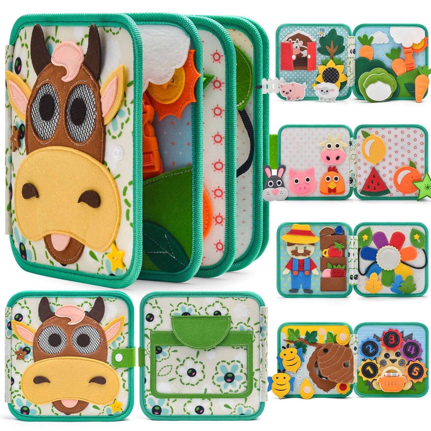 Montessori Busy Book for Toddlers 1-3, Felt Quiet Book & Busy Board for Preschool Learning, Fine Motor Skills & Sensory Play, Educational Travel Toy and Gift for Kids – Farm Animals Theme, Green
