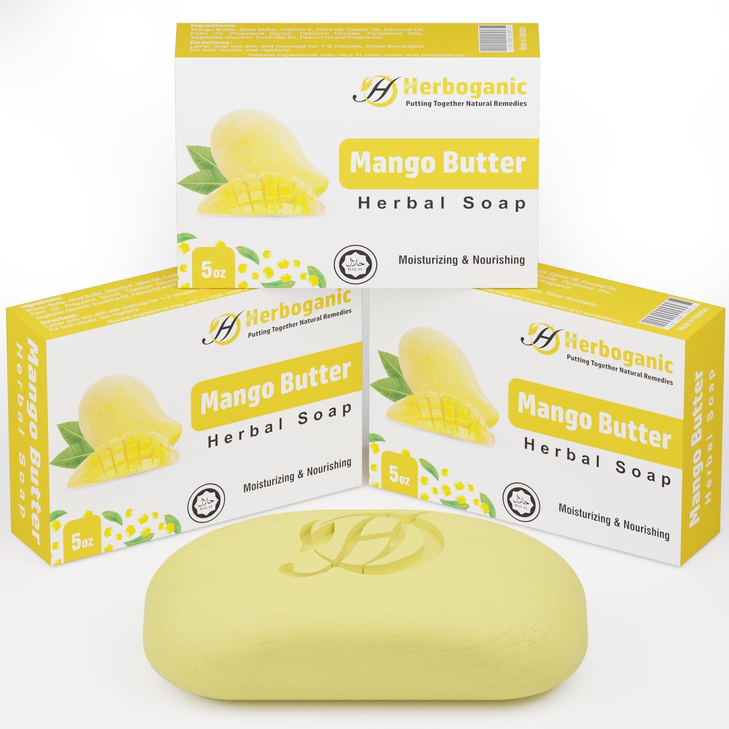 HERBOGANIC Mango Butter Herbal Soap | Pack of 3 of 5oz soap Bar | Natural Bar Soap for Face and Body | Hydrating and Nourishing