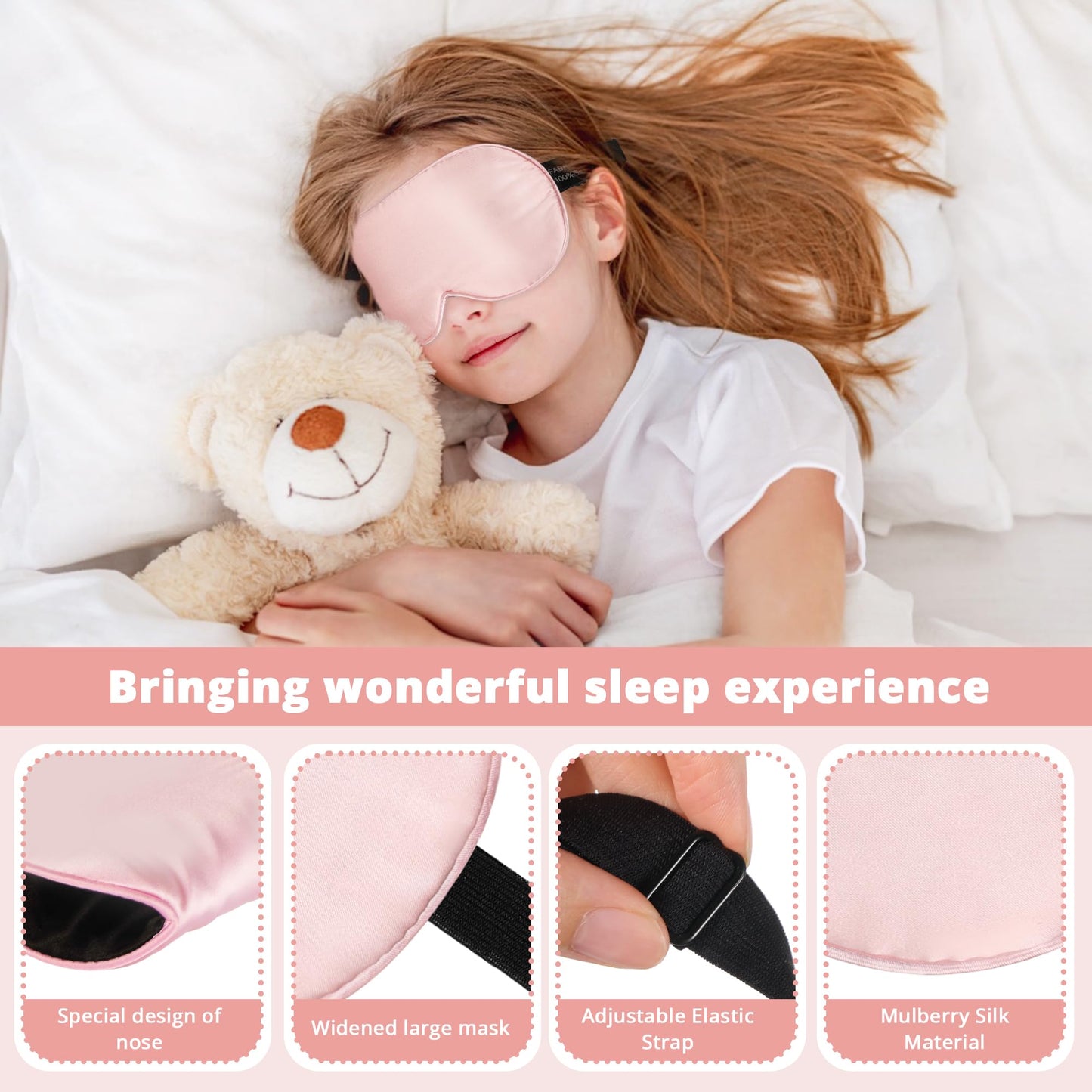 Pyopbow Kids Sleep Mask Eye Cover, 100% Real Natural Pure Silk Eye Mask with Adjustable Strap, Blindfold Kids Eye Mask for Sleeping, Eye Shade for Boys Girls and Adult, Pressure-Free Comfort (Pink)