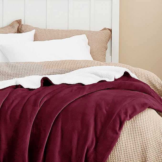 Bedsure GentleSoft Sherpa Fleece Blankets Queen Size for Bed - Thick and Warm, Soft Fuzzy Plush Queen Christmas Blanket for Winter, Burgundy, 90x90 Inches