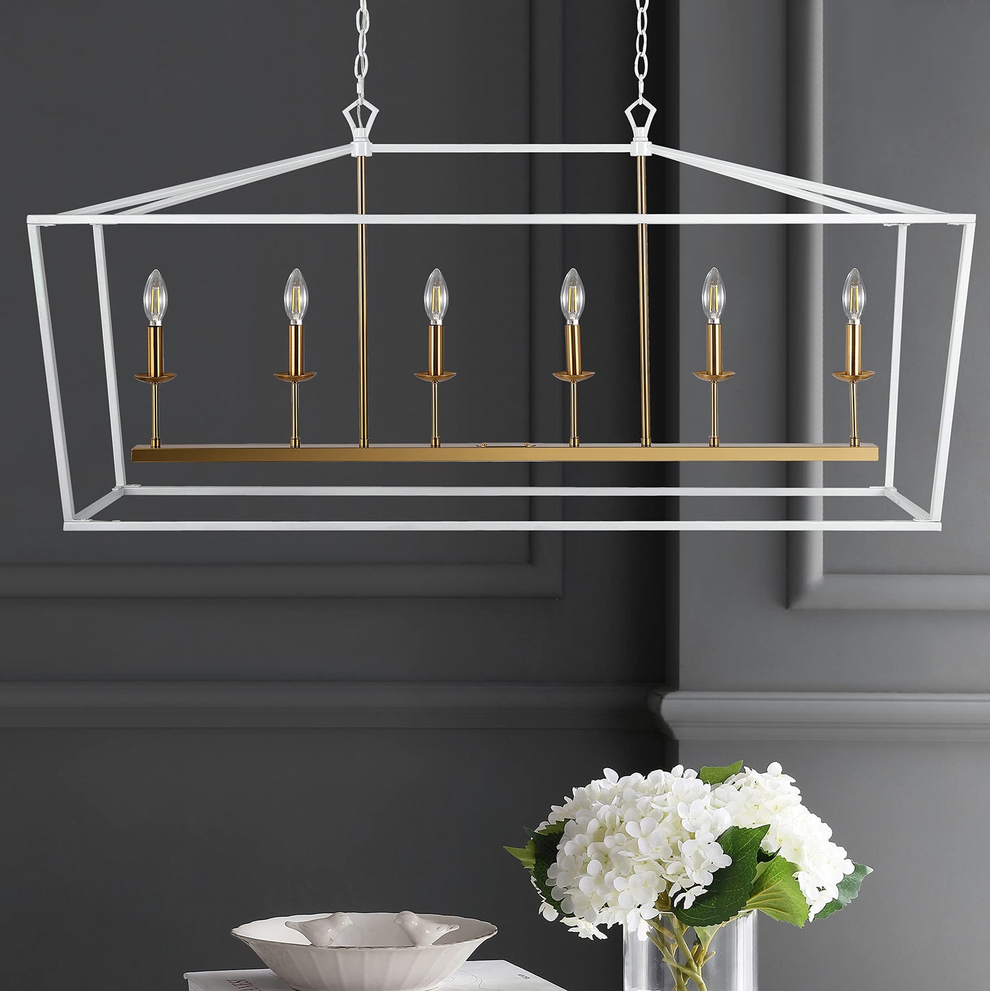 Jonathan Y 49 Metal Led Pendant Light, White/Brass Gold, Model Jyl7439E, Classic Traditional Design For Dining Room, Living Room, Kitchen
