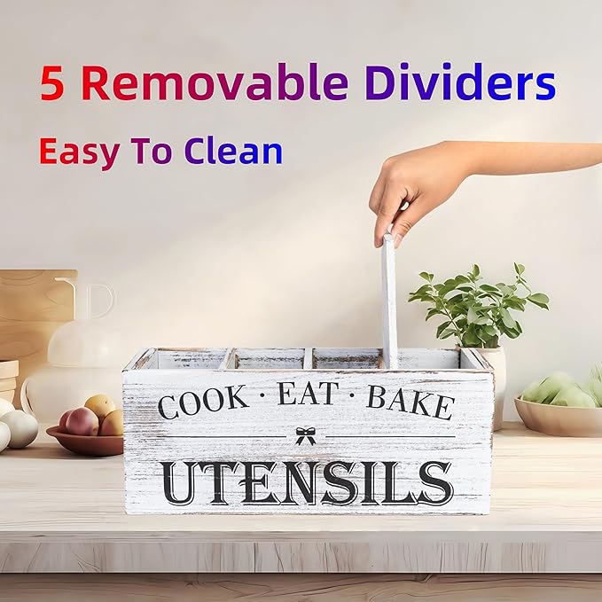 Utensil Holder,Extra Large Wooden Utensil Holder For Kitchen Counter,Cooking Spatula Organizer,Big Storage Caddy With 4 Compartments Flatware Spoon Tool Cutlery(Light White)