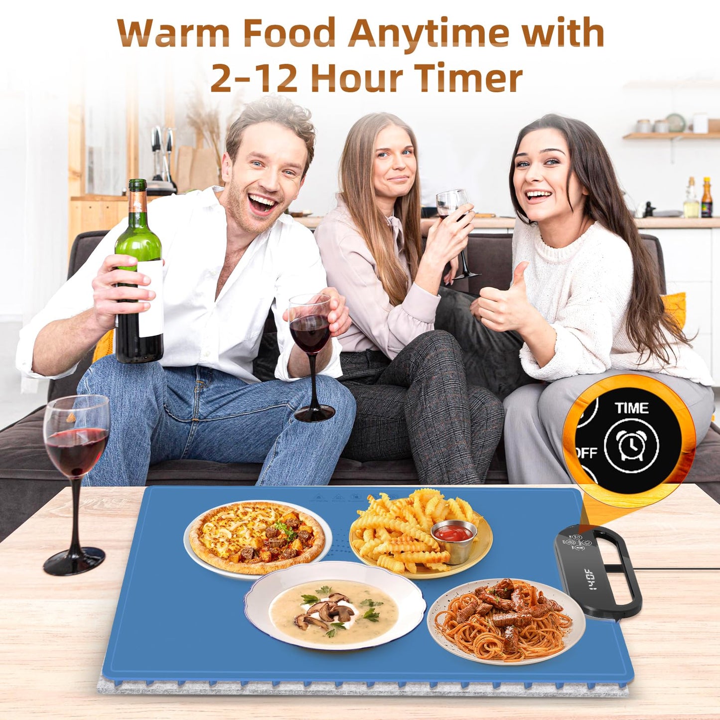 Food Warming Mat – Fast Heating Electric Warming Tray with 7 Temp Settings, 11-Hour Timer & Auto Shut-Off, Foldable Silicone Mat with Child Lock, Portable Warming Pad for Buffets, Holidays – Blue