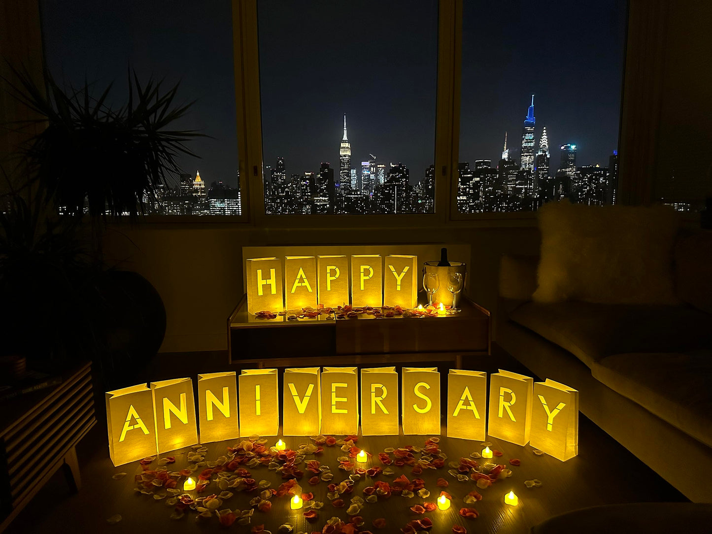 Wymm Happy Anniversary Decorations Light Up Letters With Tea Lights Candles And Rose Petals Included - Luminary Paper Bags To Be Used As Happy Anniversary Banner And Anniversary Decorations Romantic