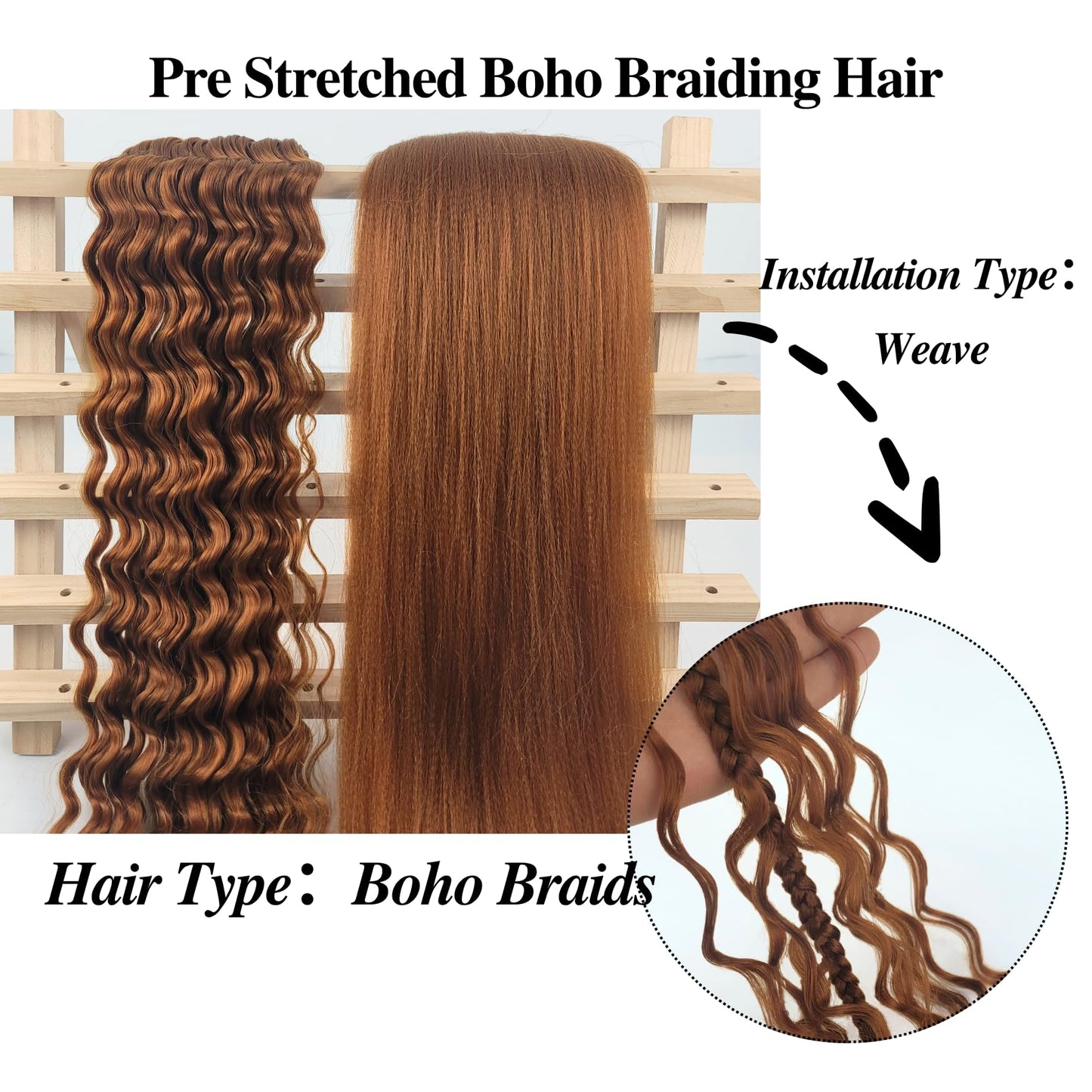 Auburn Brown Boho Braiding Hair Pre stretched Curly Braiding Hair for Boho Braids Bohemian Braids Hypoallergenic Knotless Ez Bra