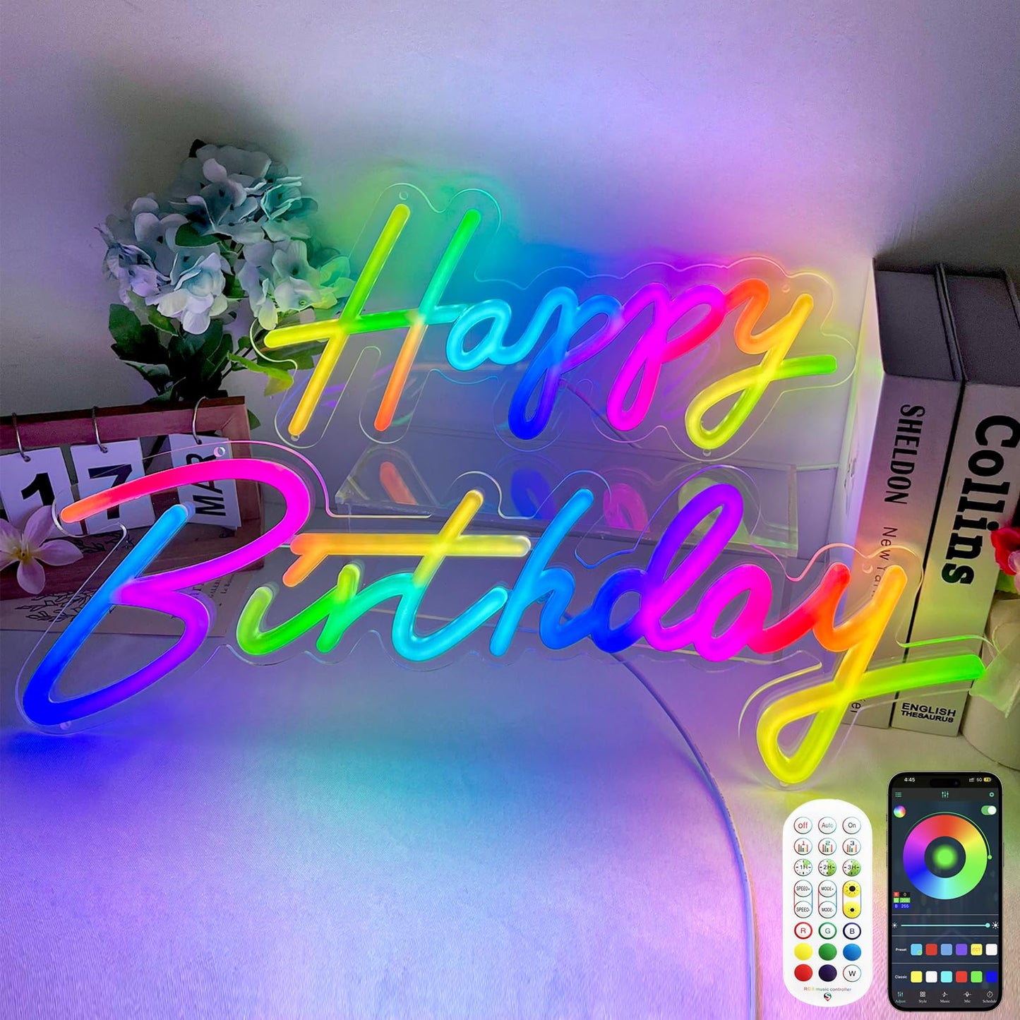 divatla Happy Birthday Neon Sign - 23inx8in, Multi-Color, LED with Remote, App Control, Model HBHC-01