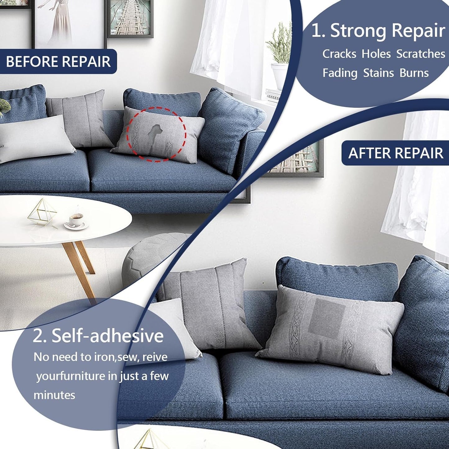 Canvas Repair Patch, Strong Sticky Fabric Repair Tape, Self-Adhesive Fabric Patch for Sofas, Tote Bags, Clothing, Car Seats, Furniture (Grey, 3.5X79 Inch)