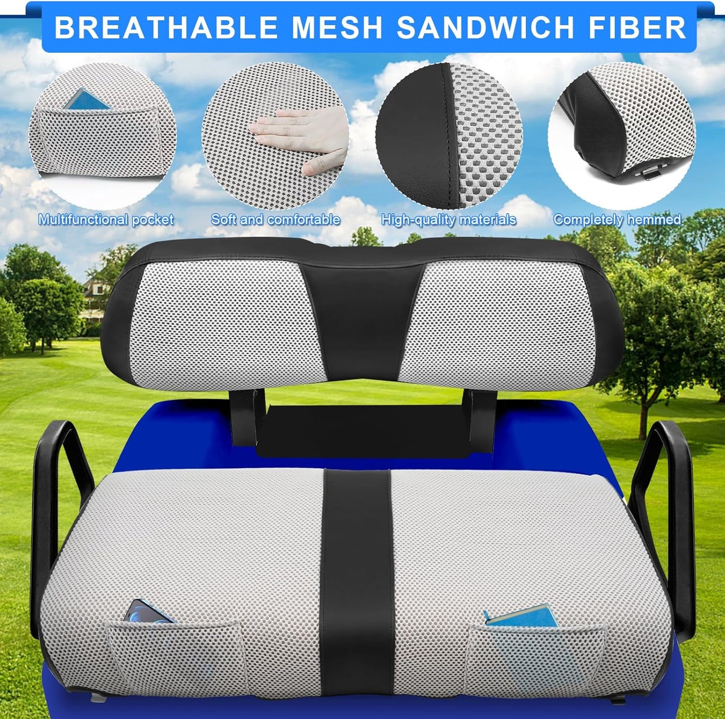 Golf Cart Seat Covers For Club Car DS Seat Cover OEM Front,Breathable Fabric and Leather Front Seat Cover Like Gloves,Full Wrap-Around Design of Club Car DS (2000 to Up) Golf Cart Front Seat Cover