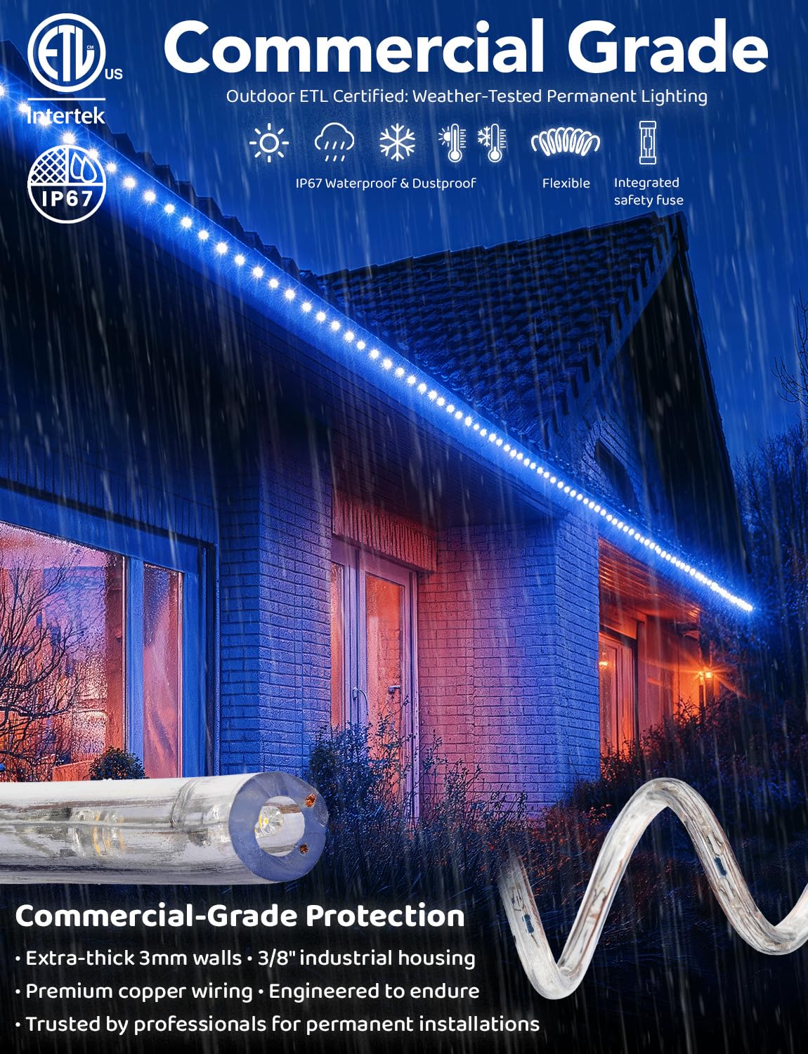 WYZworks LED Rope Lights, Waterproof, 20ft, Blue, Flexible PVC Tube, ETL Certified, Outdoor Holiday Decorative Lighting