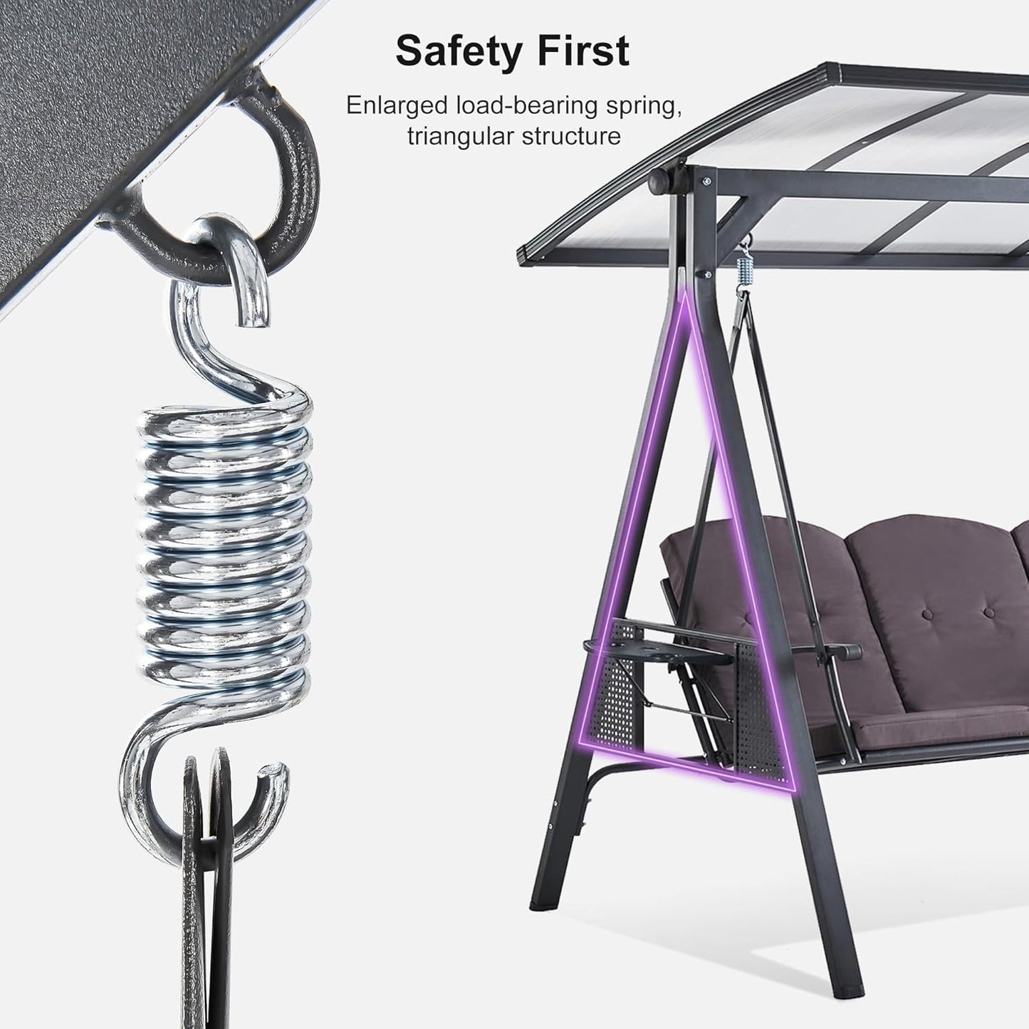 PURPLE LEAF Outdoor Patio Porch Swing with Adjustable PVC Canopy, 3-seat Swing Chair Bench with Side Cup Holder for Backyard Front Porch Lawn, Cushions and Pillow Included, Grey