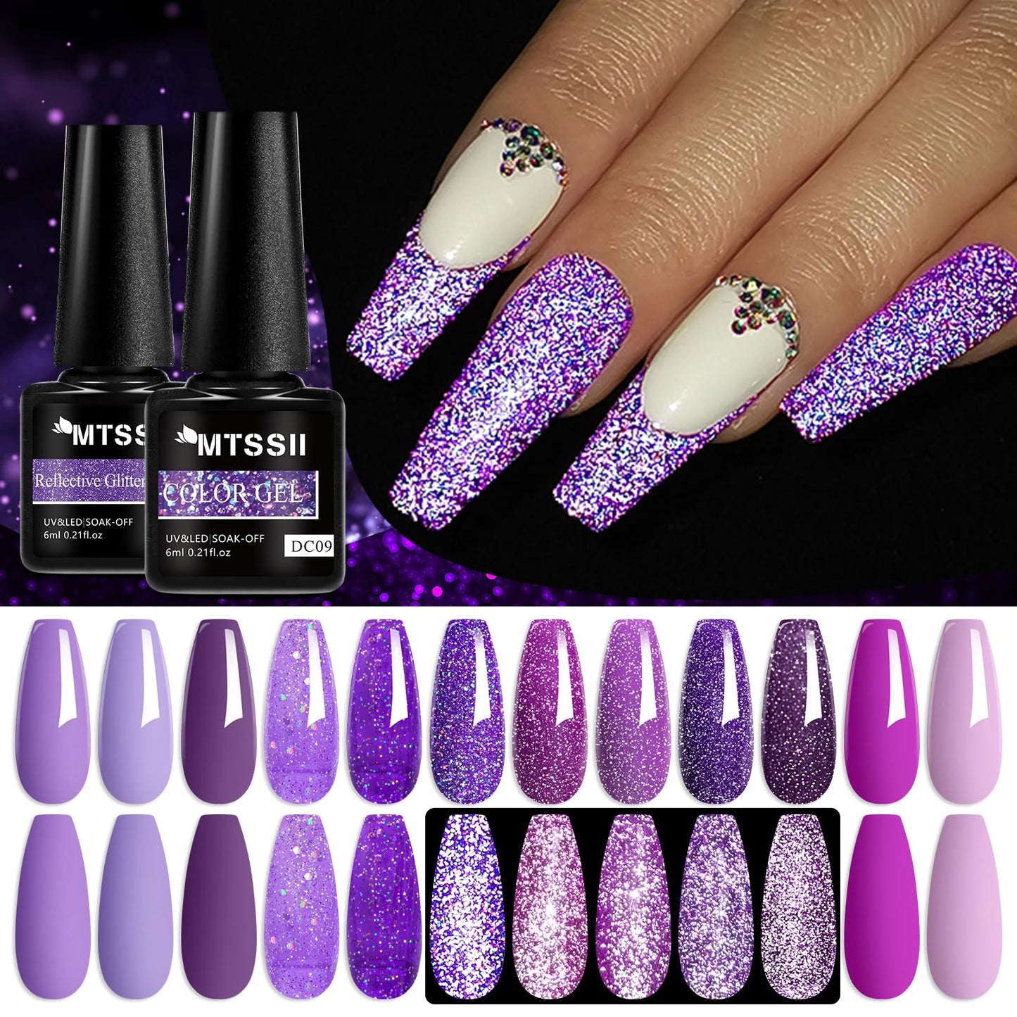 MTSSII Purple Reflective Gel Nail Polish Set, 12 Colors Lavender Violet Sparkly Gel Polish Diamond Shiny Glitter Soak Off Led Na