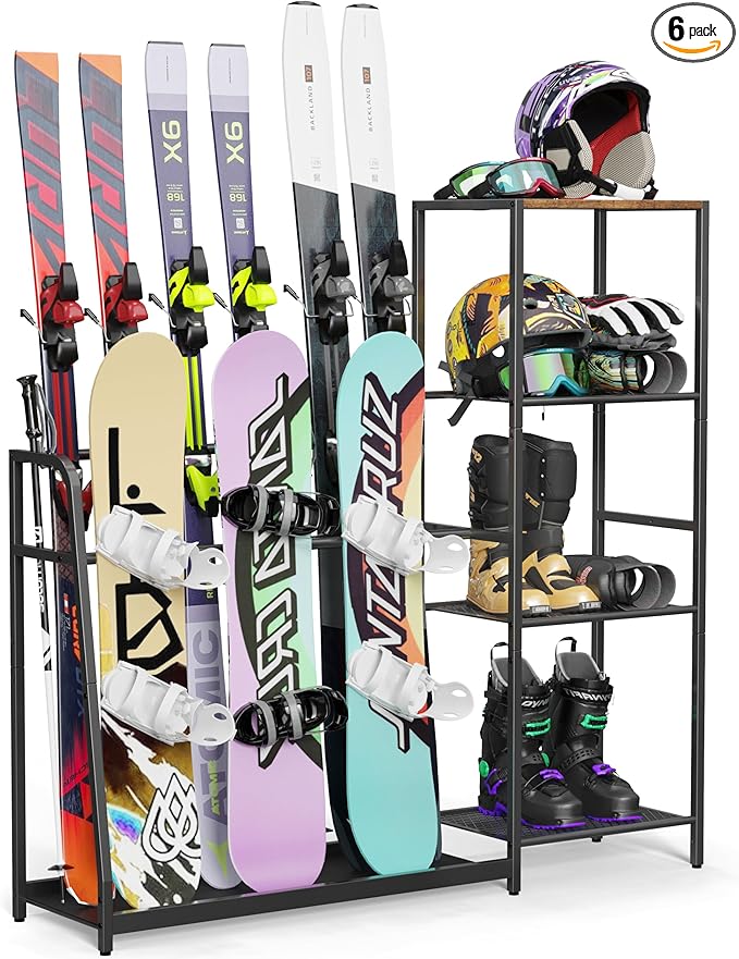 Lurgno Freestanding Snowboard Rack - 4 Pair Ski, 3 Pack Snowboard, Boot, Pole, Goggles, Helmet Rack for Garage, Shed, Base...
