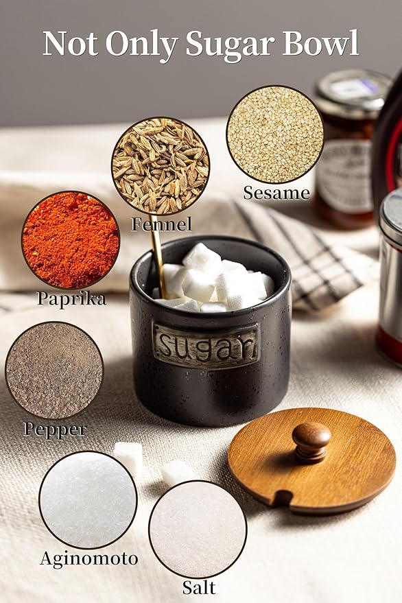 LYEOBOH Black Sugar Bowl with Lid and Spoon, 15 Oz Farmhouse Sugar Container Holder for Coffee Bar Accessories, Food Storage Containers - Modern Kitchen Decor Housewarming Gift