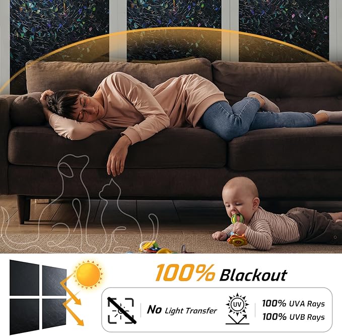 LUTE Black Out Window Film, Sun Light Blocking Window Film for Room Darkening Day Sleep, 100% UV Blocker Stained Glass Blackout Cover, Rainbow Black Out Shades Tint for Home, 35.4" x 118.1"