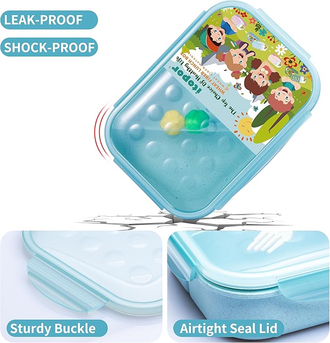 Wheat Straw Bento Box, BPA-Free Lunch Box for Kids & Adults - Leakproof 3-Compartment Lunch Containers with Utensil, Microwave/Dishwasher Safe, 5.5 Cup Blue