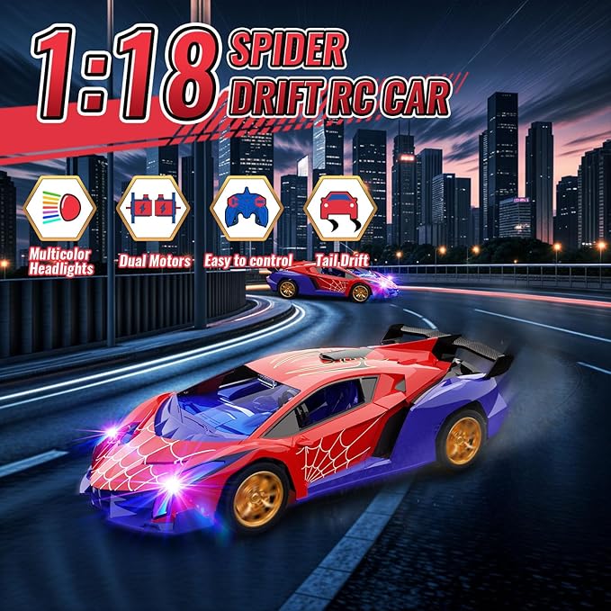 Spider Remote Control Car with Multi-Color Flash Lights, Drift RC Cars, Spider Toys Gifts for 3 4 5 6 7 8 9 10 Year Old Boys Age 3-4 4-6 6-8 8-12 Christmas Birthday Gift, Toddler Kids Toy