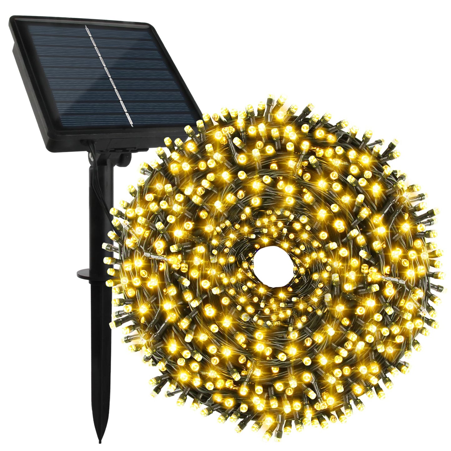 Tcamp 33Ft 100Led Solar Christmas Lights Outdoor Waterproof  Solar Outdoor String Lights With 8 Lighting Modes Memory Function For Xmas Tree Wedding Party Garden Decorations (Warm White)