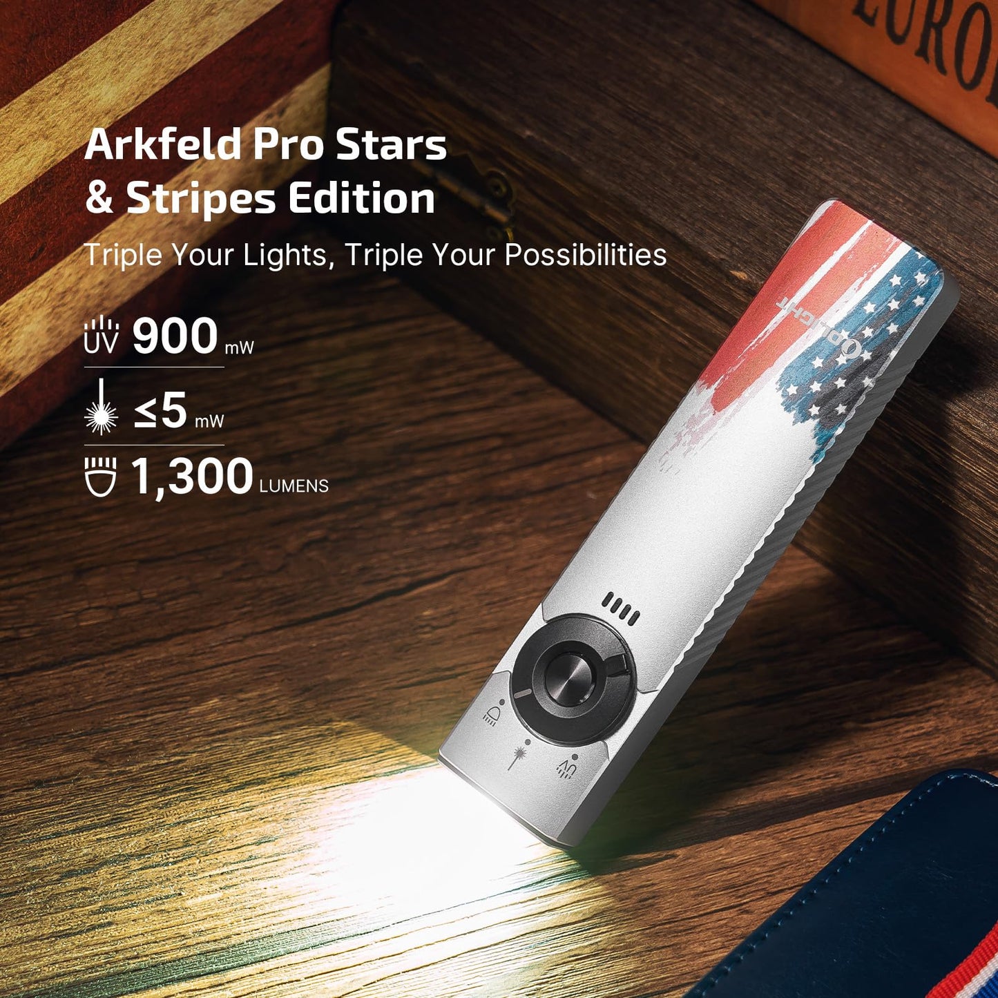 OLIGHT Arkfeld Pro EDC Flashlight, 1300 Lumens, Green Beam & UV/White LED, Aluminum, Stars & Stripes Edition