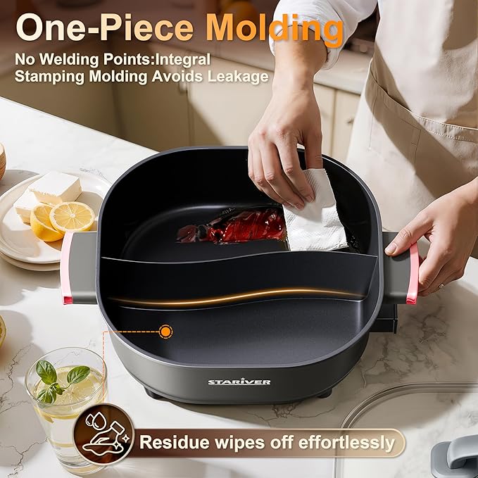 Stariver 6L Electric Hot Pot with Divider, 1300W, Dual-Flavor Pot for Two Broths, 5-Temp Control & Non-Stick Coating, Electric Pot for Shabu Shabu, Fondue, Perfect for Family Gatherings & Parties