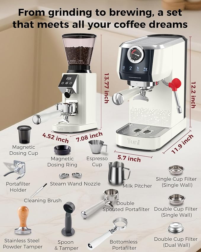 Tuni E2 58mm Espresso Machine with G1 Ivory Conical Coffee Grinder and Bottomless Portafilter Combo Set, 20Bar Dual Boiler Espresso Maker Kit