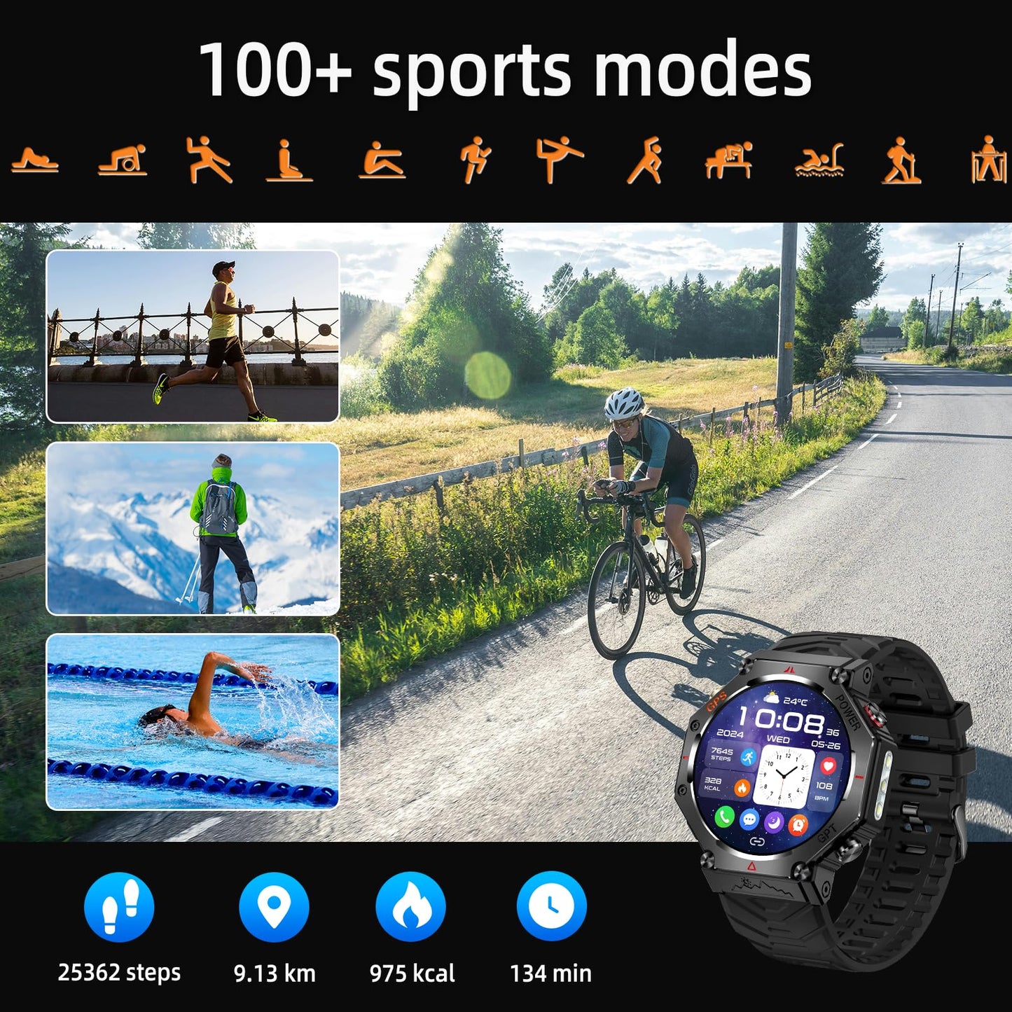 ZLKJ SW8(Black) 1.39" Stylish Smartwatch for Men, Bluetooth Calling, AI Voice Assistant, 107 Sport Modes, 3ATM Waterproof, Fashionable Design, Compatible with Android/iOS