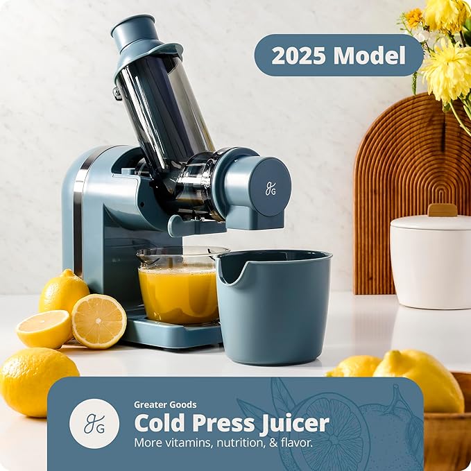 Greater Goods Cold Press Juicer, Powerful Slow Masticating Juice Extractor with Quiet Motor for Fruits and Vegetables, High Juice Yield, Easy to Clean, Stone Blue