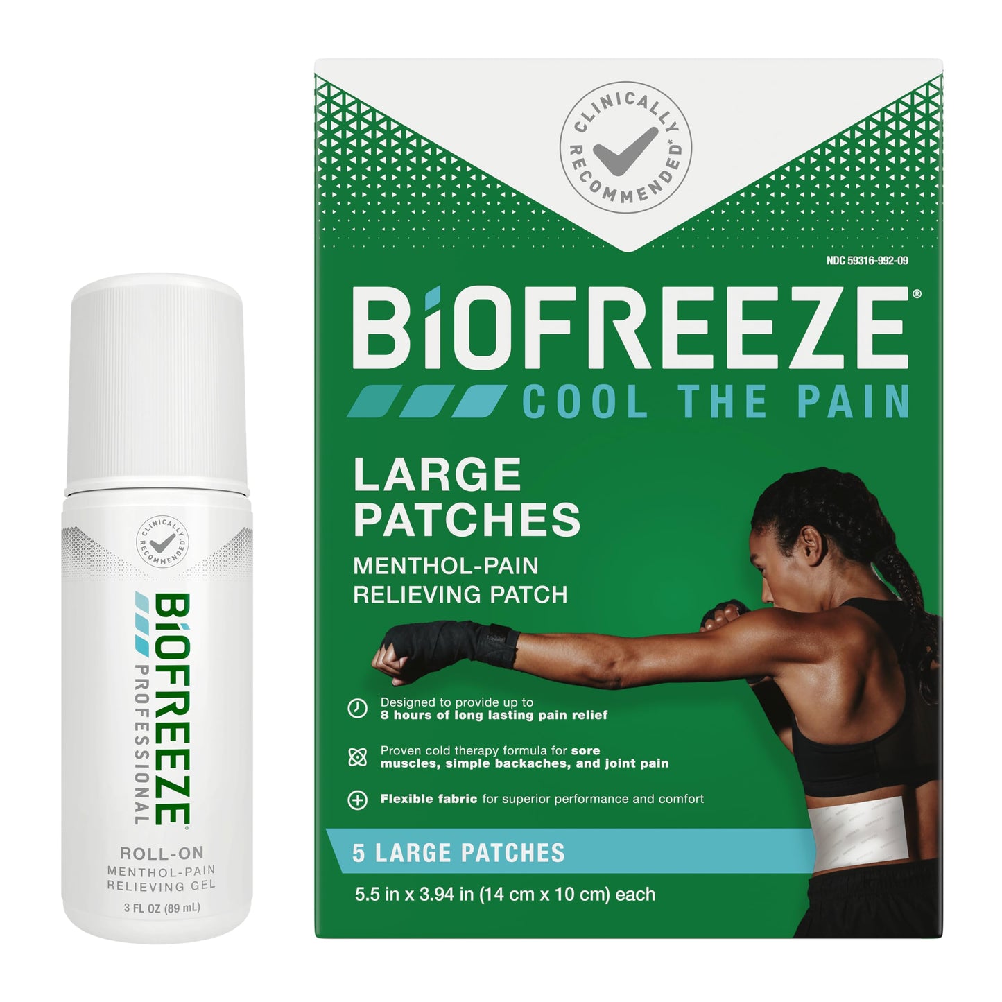 Bundle of Biofreeze Professional Roll-On Gel 3 FL OZ, Green Topical For Muscles And Joints + Biofreeze Pain Relief Patches, Knee & Lower Back Pain Relief Patch, Sore Muscle 5ct Patches