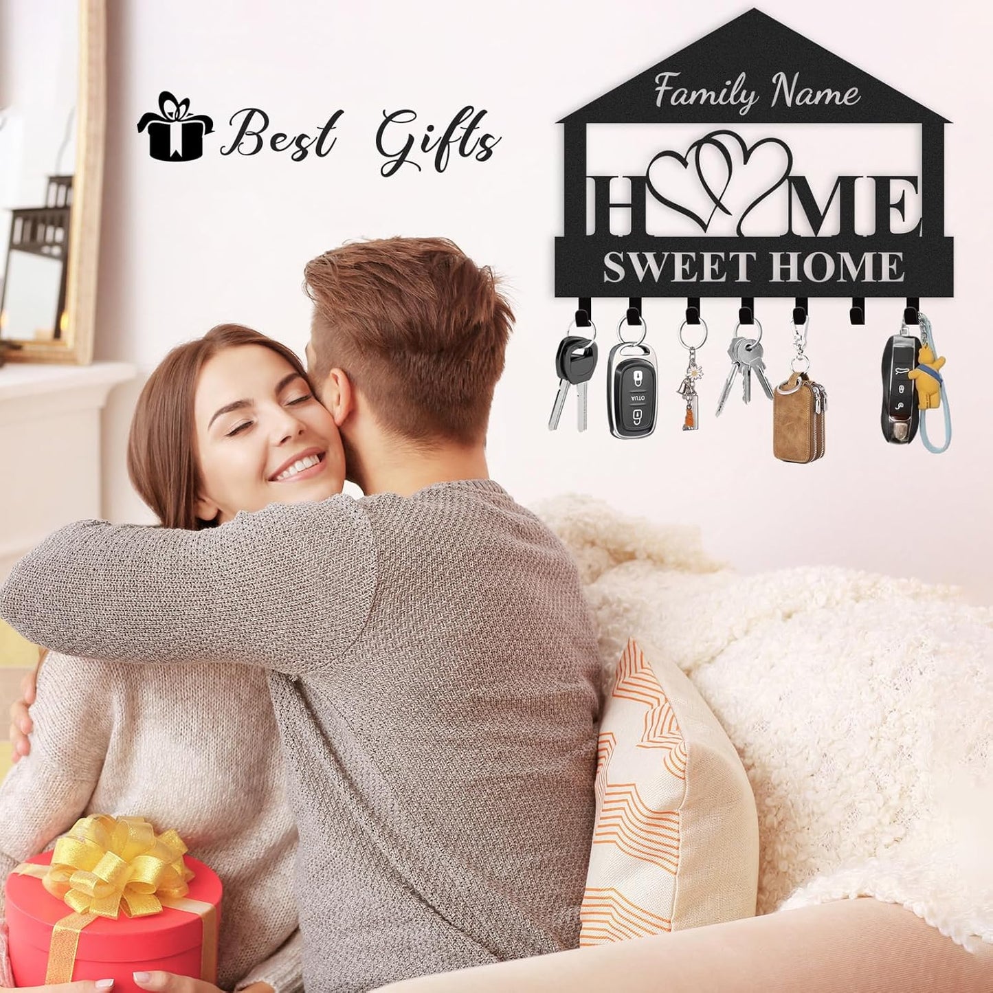 Personalized Key Holder for Wall, Key Holder Wall Mount, Custom Name Coat Rack, Sweet Home Key Hooks Wall Decorative for Bedroom Kitchen Entryway Hallway Front Door, Housewarming Gifts