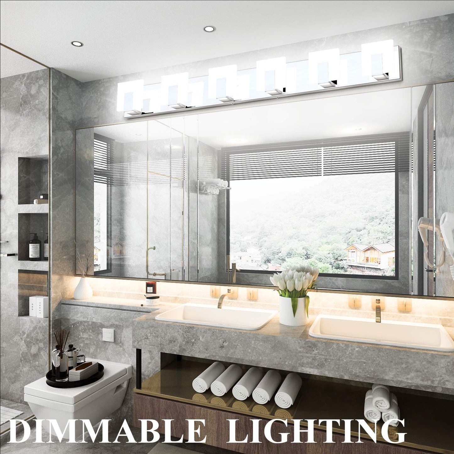Aipsun 6-Light Dimmable Led Bathroom Vanity Light, Stainless Steel Chrome, Model Ca-1105-6T-D, White Light 6000K