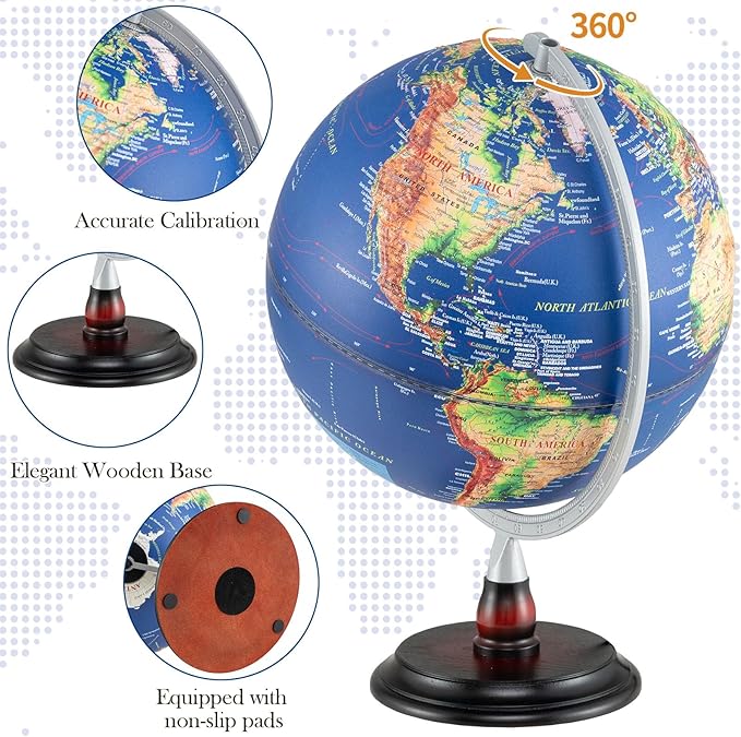 12" Illuminated World Globe, Desktop Globe with Raised Relief, LED Lights, Time Zone & Non-Slip Wooden Base, Geographic Terrain Globes for Decoration (Navy)