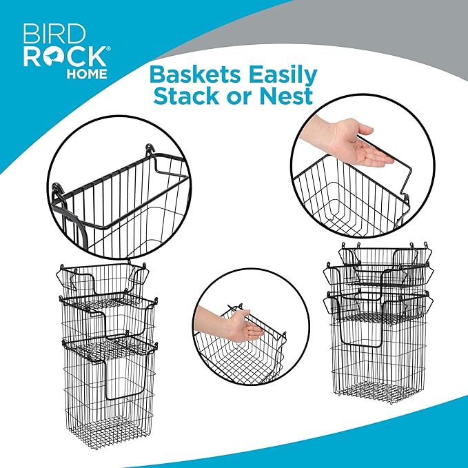 BIRDROCK HOME 3pc Stackable Wire Storage Bins - Fruit Vegetable Organizer - Modern Farmhouse - Pantry Cabinet - Metal Bin for Kitchen Countertop - Bathroom Storage - Black