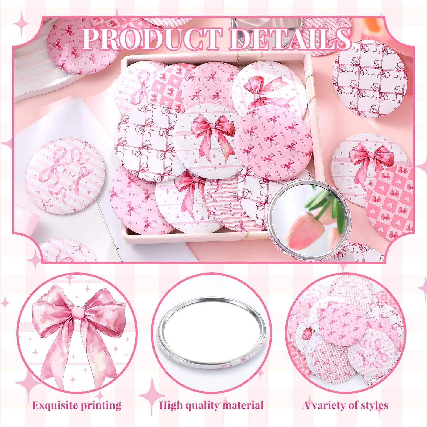 Geelin 24 Pcs Pink Compact Mirror Bulk Coquette Portable Aesthetic Mini Mirror Bulk Pink Bow Party Favors for Purse Pocket Trave