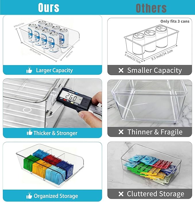Pantry Organizers and Storage,Clear Plastic Containers with 2 Dividers for Kitchen,Fridge,Freezer Organization and Storage,Acrylic Bins for Pounches,Spice Packet,Snack organzier (4 Pack)